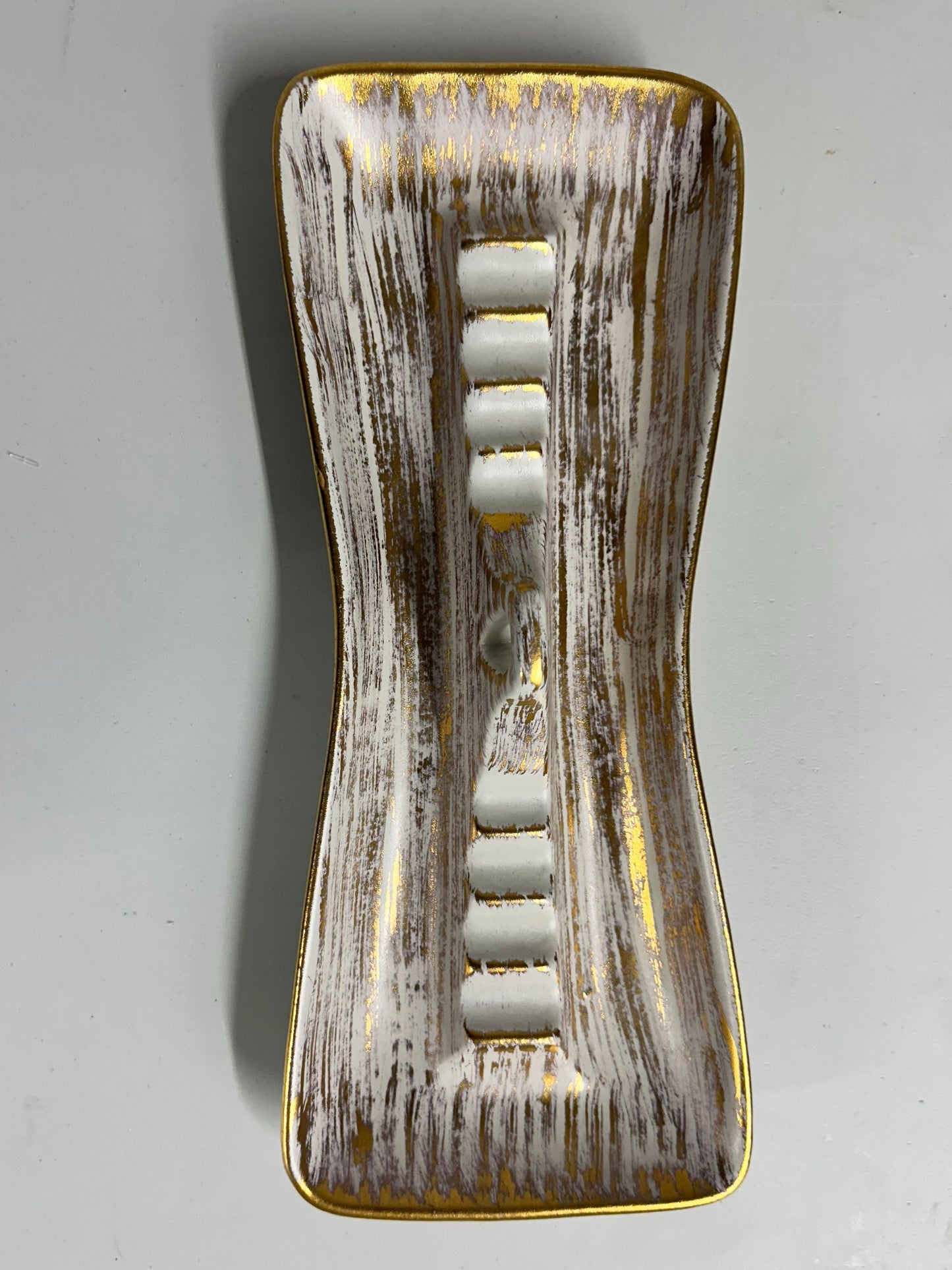 60's-70's Vintage Ceramic Ashtray, Bowtie shape, Ivory with gold brush accent