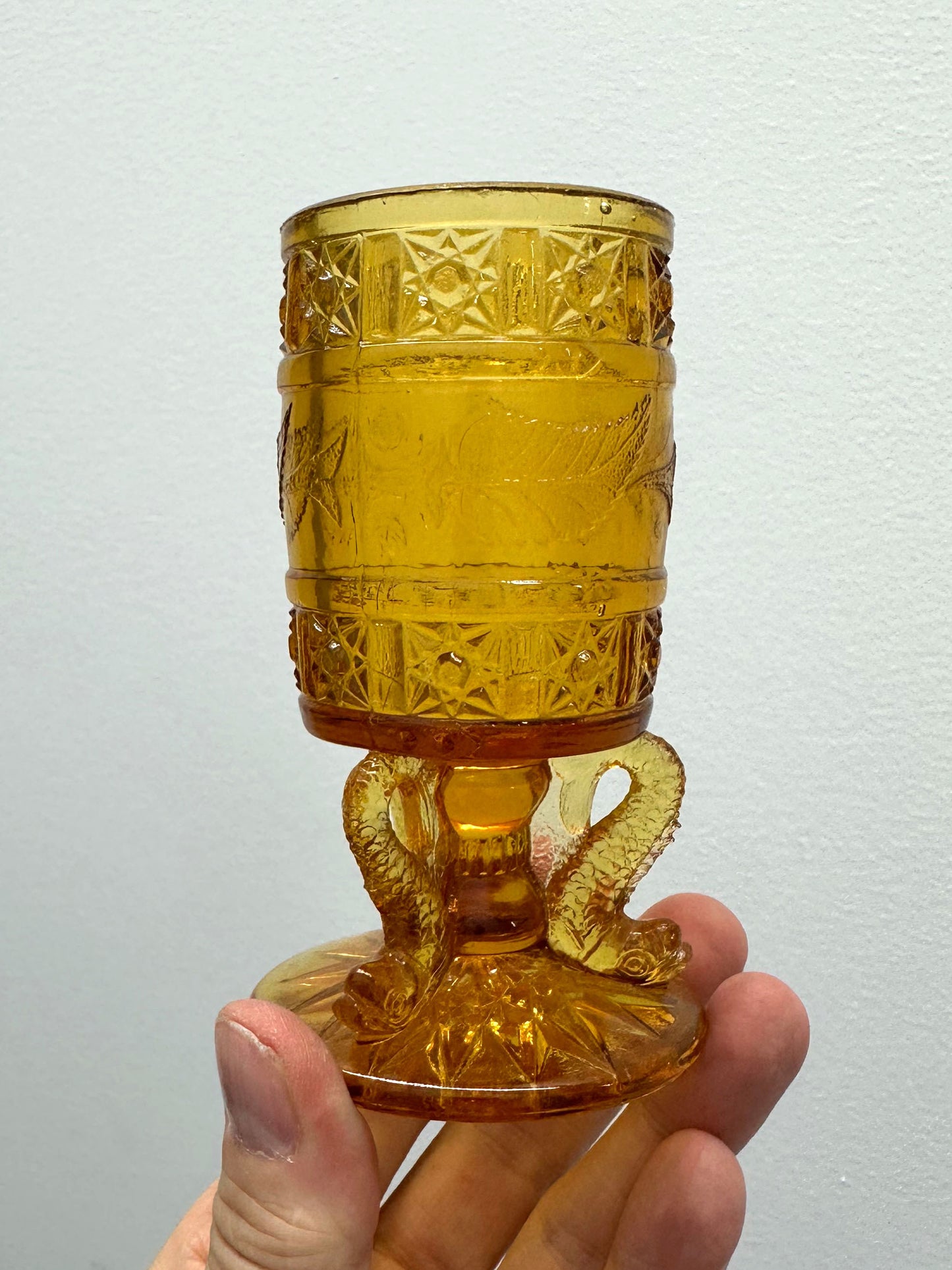 1890's Antique Pressed Amber Glass Leaves & Fish Match Toothpick Holder