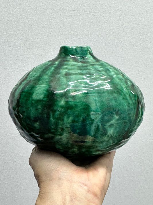 1960's Textured Studio Pottery Green Vase