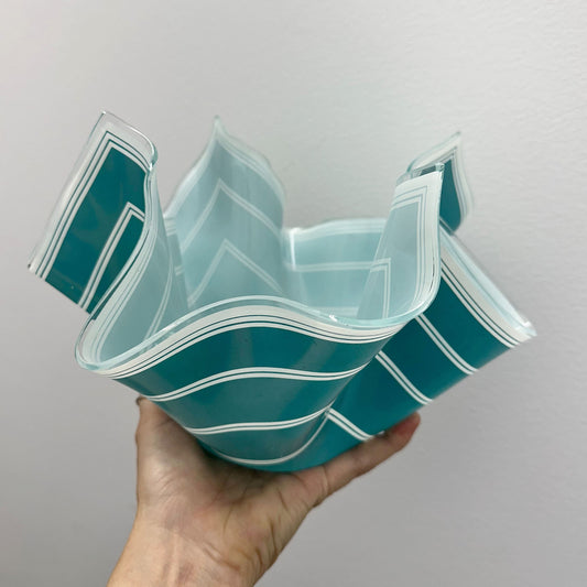 1980 British Aqua Green Blue Bandel , Chance Bros, Glass Handkerchief Bowl